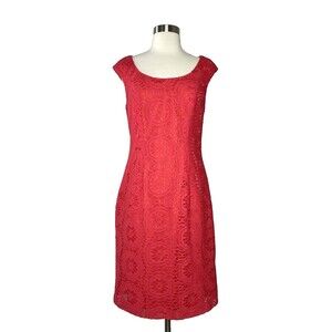 Adrianna Papell Dress Women Size 6 Cap Sleeve Lace Knee Length Dark‎ Pink